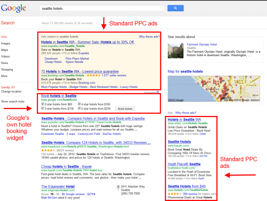 Seattle Hotels Google SERP