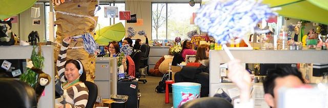 workers in decorated office