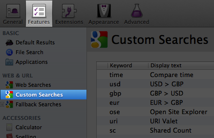 Alfred Custom Searches Preferences window