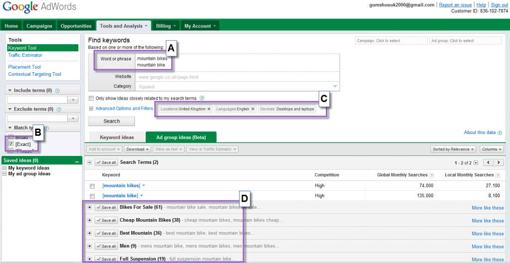 keyword research with the keyword tool