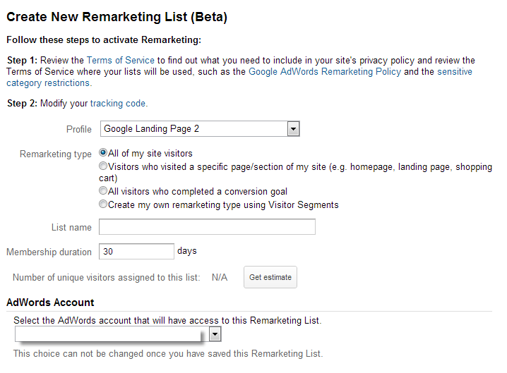 Creating remarketing list