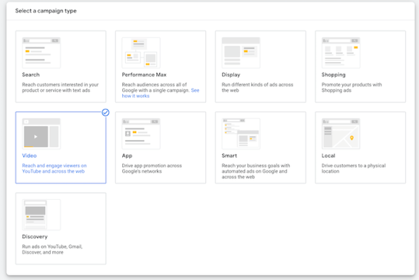 When advertising on YouTube, select a campaign type